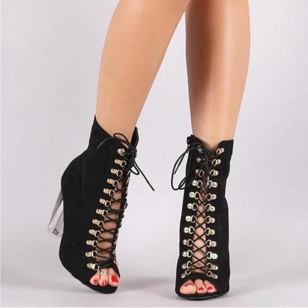 Fashion Nova Black Faux Suede Lace Up Lucite Heeled Party Statement Booties